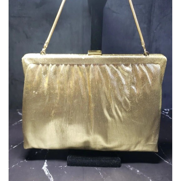 Delicate GOLD Satin Handbag Harry Levine USA Crystal Clasp Clutch w/ Coin Purse - Picture 4 of 10
